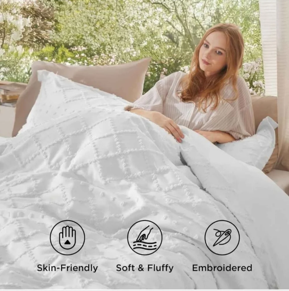 Bedsure Boho Duvet Cover Queen Size - White Breathable & Soft Boho Bedding, Mach